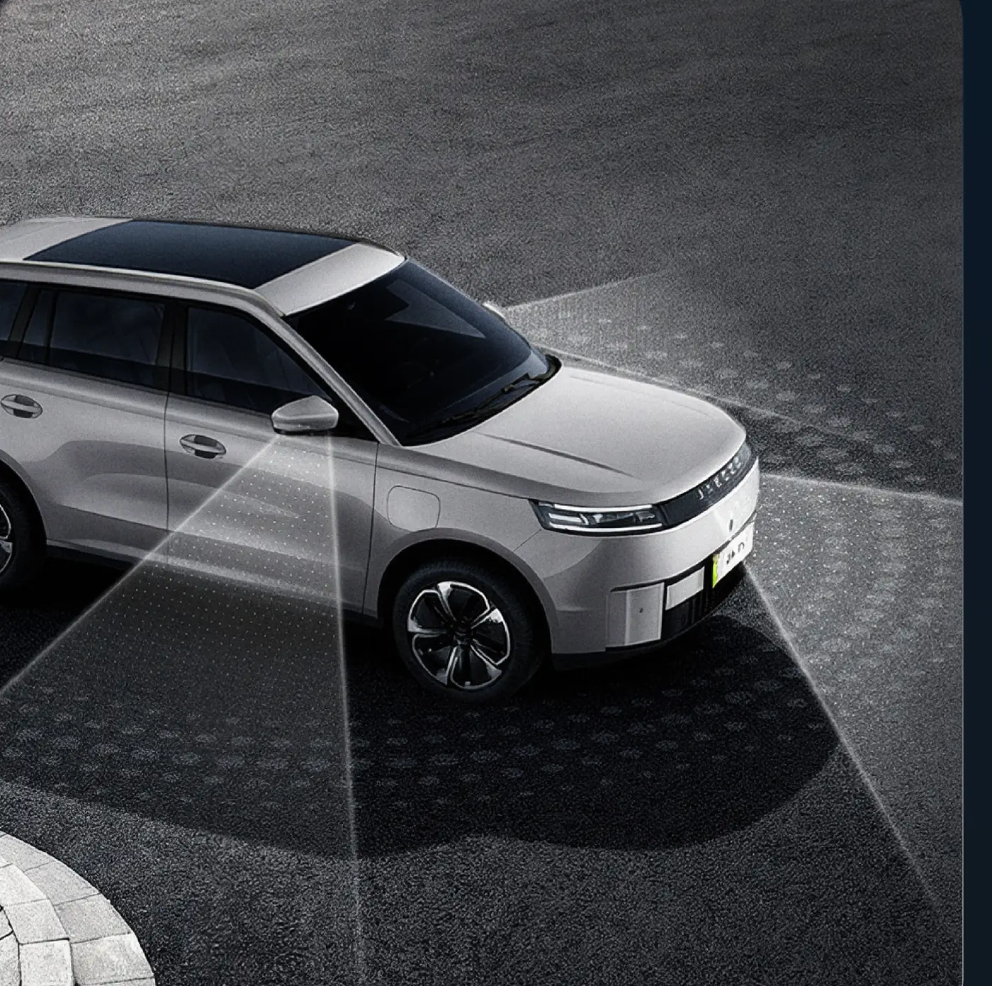 Jaecoo J5 EV with its sensor coverage shown as light cones around the vehicle.