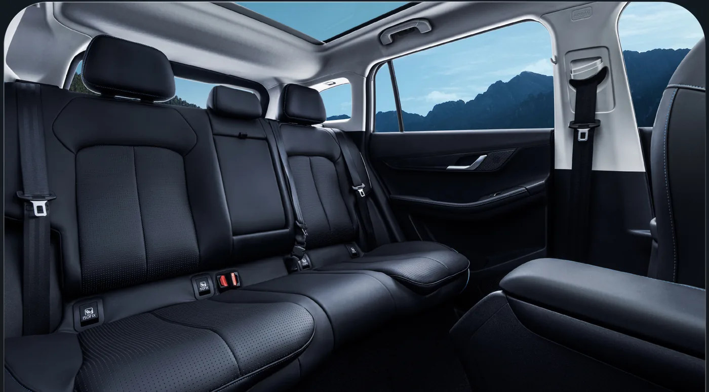 J5 EV rear bench seats in black leatherette.